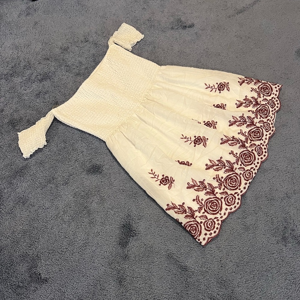 White and Red Linen Off-The-Shoulder Dress